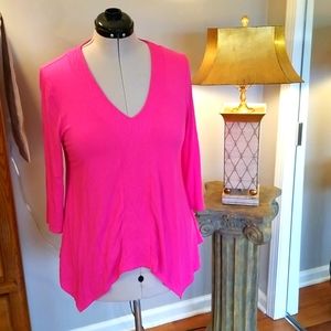 ADRIANNA PAPELL hot pink top with a high low scalloped front design.